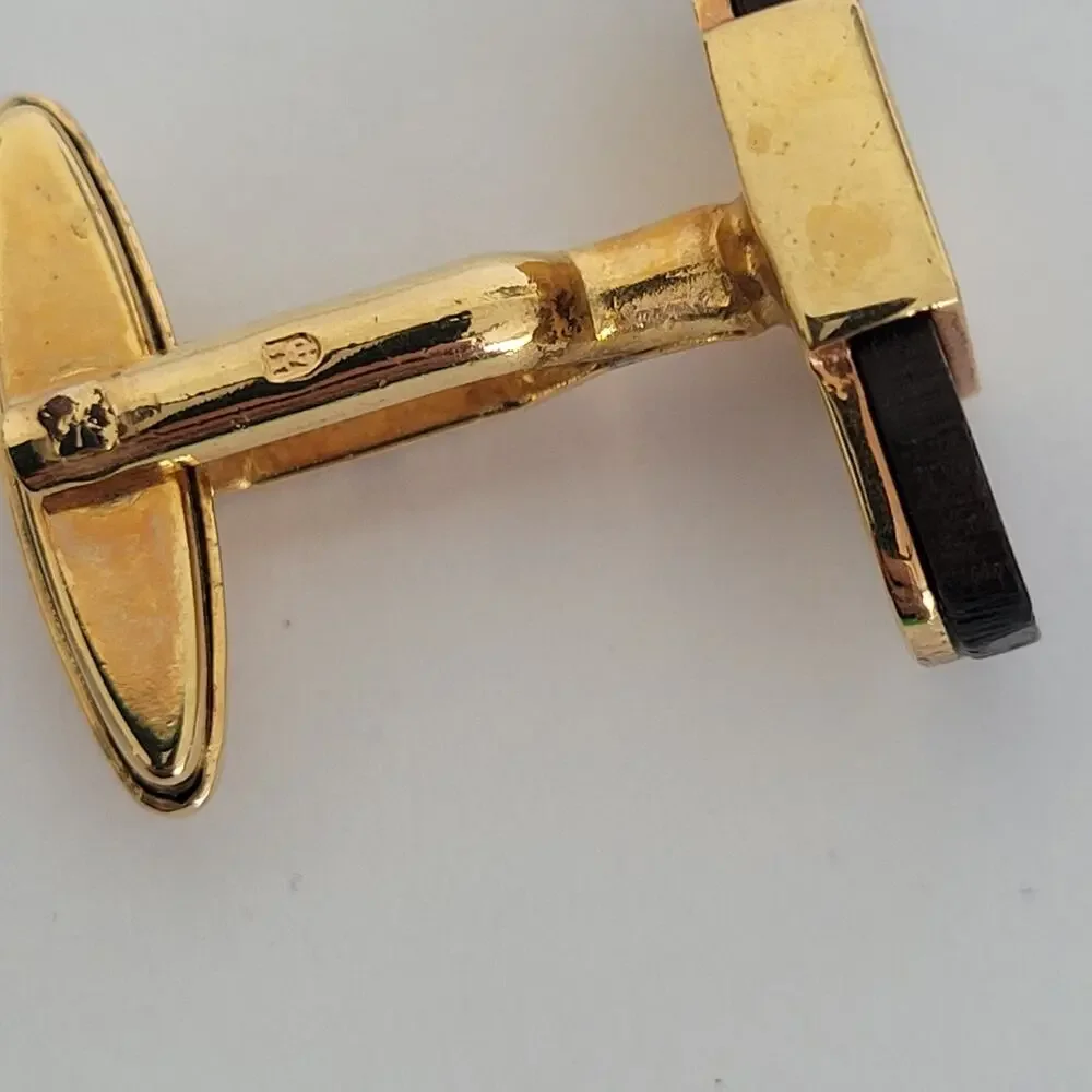 Nina Ricci N‎ Oval Cufflinks Gold Brown Wood Tone French Designer Retro Vintage